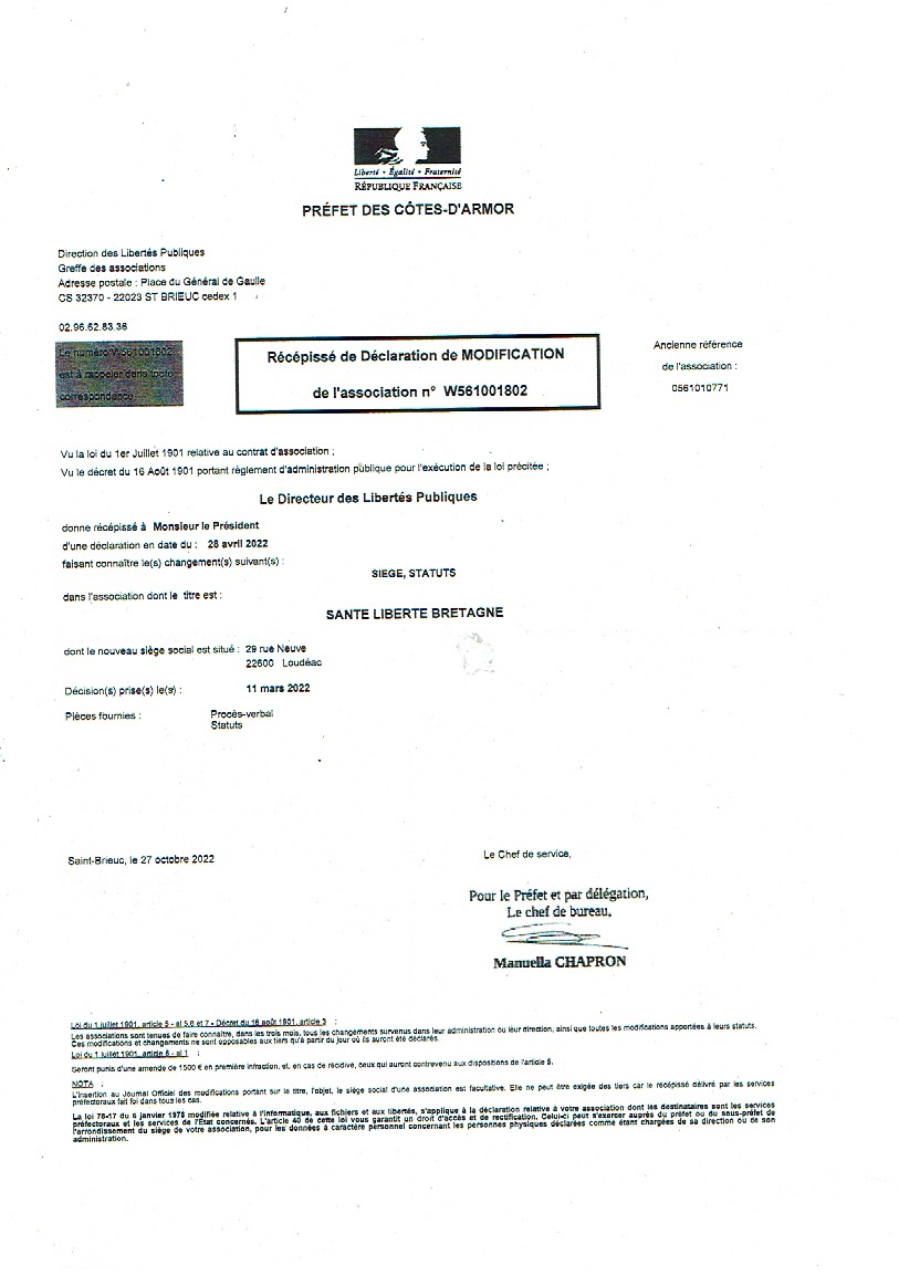 Récépissé de déclaration de Modification de l'association N°561001802